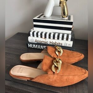 Crown & Ivy Brown Faux Suede Loafers with Gold Chain
